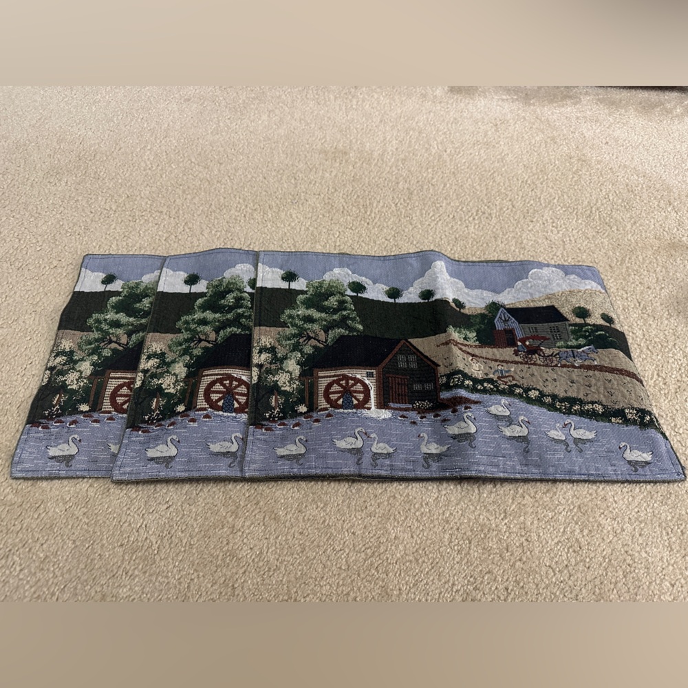 Set of 3 Vintage Tapestry Country Side Placemats Watermill Geese Horse Carriage